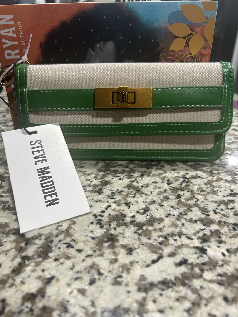 NWT Steve Madden Cream Canvas Wallet with Green Trim and Gold Hardware